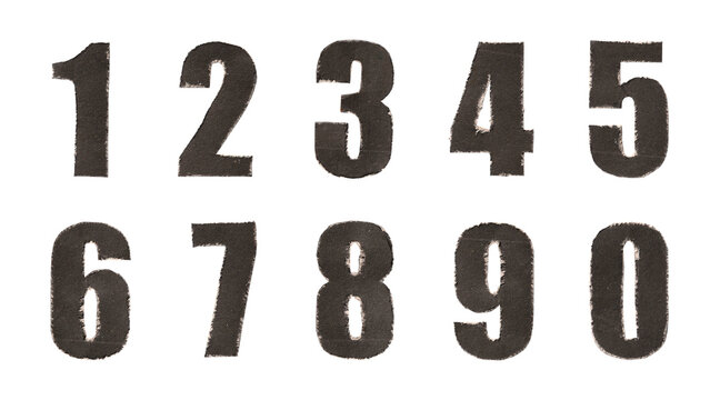 Black stamp style numbers set from 0 to 9 on white background