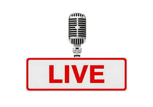 Live broadcast microphone icon with red banner
