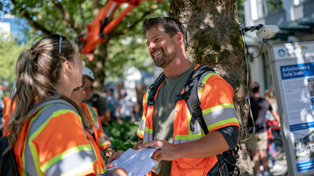 An arborist team in high visibility gear crowds a busy pedestrian plaza, wide establishing shot showing a cherry picker above ancient elm canopy while a screen reader device mounted on a nearby kios