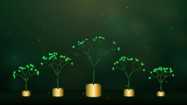 Financial growth concept with golden coin trees and floating particles on dark green background
