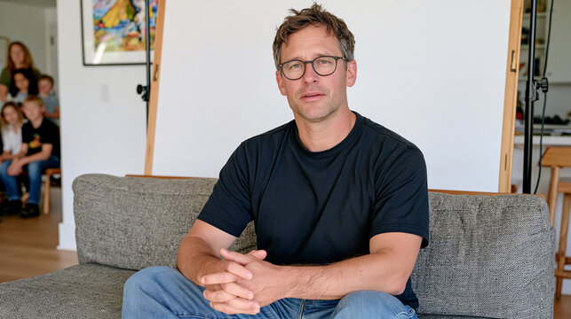 An embroidery artist sits before a stark white backdrop, hands folded in his lap during a pause mid hoop, his family gathered just outside the frame in a loose cluster, a man visibly learning to sit