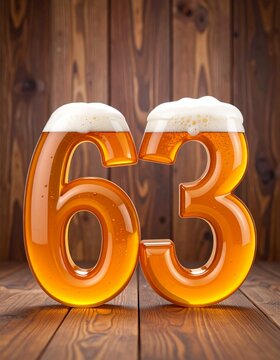 Beer Typography &mdash; Number 63 with Bubbles and Foam on Wooden Background