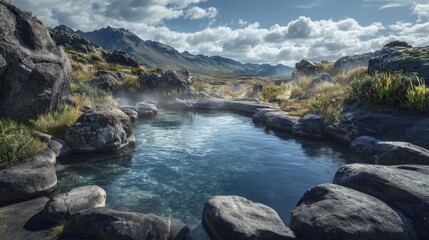 Fototapeta premium A tranquil, steaming hot spring nestled amidst rugged terrain under a cloudy blue sky