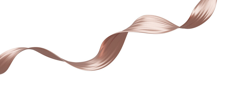 Rose gold fabric ribbon waving isolated on transparent background with copy space 3D render