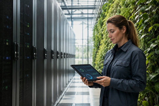 Engineer Monitoring Sustainable AI Data Center