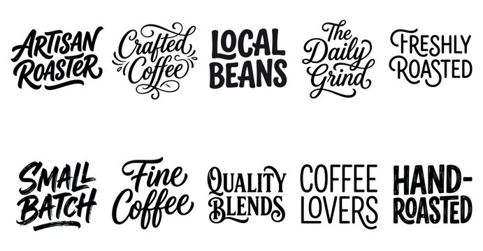 Set of ten coffee typography logos and hand lettered badges for artisan roaster and small batch coffee Minimal solid typography set bundle collection. Editable Vector Illustration Mega pack