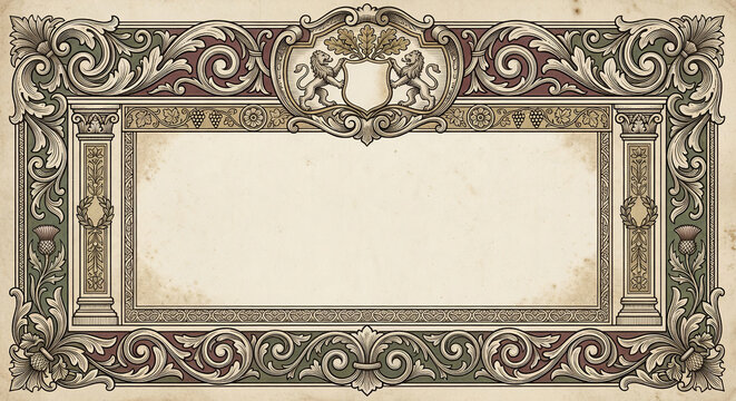 Traditional vintage ornate border with heraldic lions and floral scrollwork on aged paper for certificate or document frame.