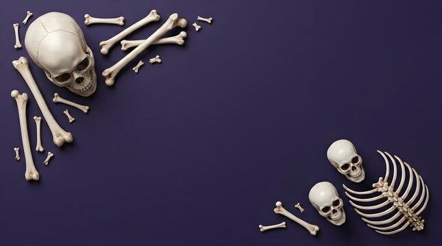 Skeleton Skull and Bone Arrangement on Dark Purple Background for Halloween Design