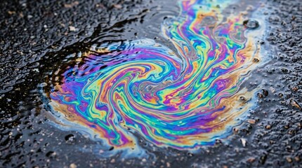 Fototapeta premium Iridescent Oil Slick Swirl on Wet Asphalt Surface