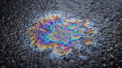 Fototapeta premium Iridescent Oil Spill on Asphalt - Colorful Petrochemical Pattern