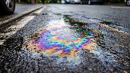 Fototapeta premium Iridescent Oil Spill on Asphalt Road Surface, Colorful Pollution Pattern