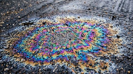 Fototapeta premium Iridescent Oil Spill on Asphalt Road, Rainbow Sheen Puddle