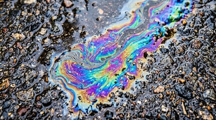 Fototapeta premium Iridescent Oil Spill on Asphalt, Rainbow Sheen