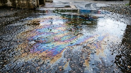 Fototapeta premium Iridescent Oil Spill on Wet Asphalt Street Surface