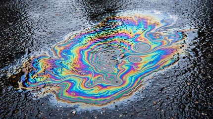 Fototapeta premium Iridescent Oil Spill on Wet Asphalt, Colorful Rainbow Sheen
