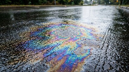 Fototapeta premium Oil Slick on Wet Asphalt Road, Colorful Rainbow Sheen Reflecting Light
