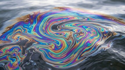 Fototapeta premium Iridescent Oil Spill on Water Surface, Abstract Swirls of Color