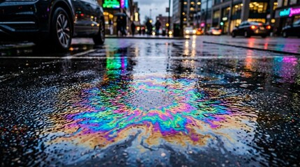 Fototapeta premium Oil slick on wet city street, colorful reflections, urban background