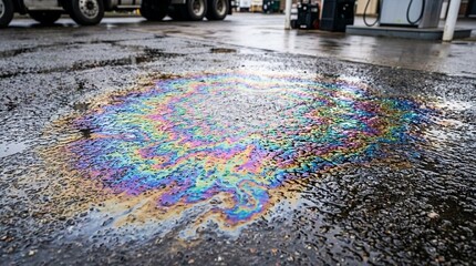 Fototapeta premium Oil slick on wet asphalt, rainbow colors, environmental pollution, gasoline spill