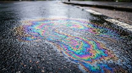 Fototapeta premium Oil Slick Rainbow Pattern on Wet Asphalt Road Surface Close-up