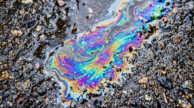 Iridescent Oil Spill on Asphalt, Rainbow Sheen