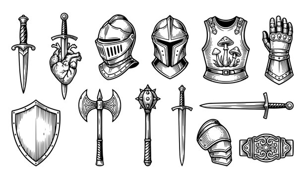 Medieval Weapons Armor Engraving Dagger Sword Helmet Gauntlet Vector Collection