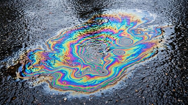 Iridescent Oil Spill on Wet Asphalt, Colorful Rainbow Sheen