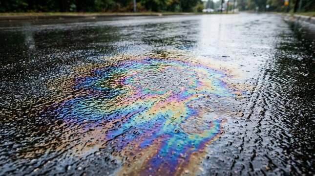Oil Slick on Wet Asphalt Road, Colorful Rainbow Sheen Reflecting Light