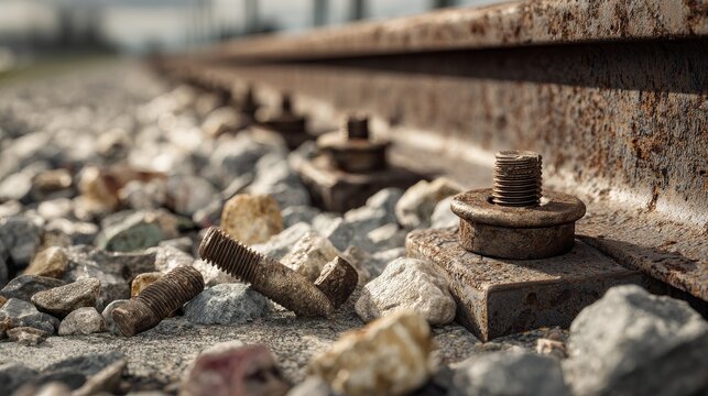 A close-up, low-angle shot showcases weathered railroad tracks and rusted bolts embedded in stone and gravel. Perspective emphasizes texture