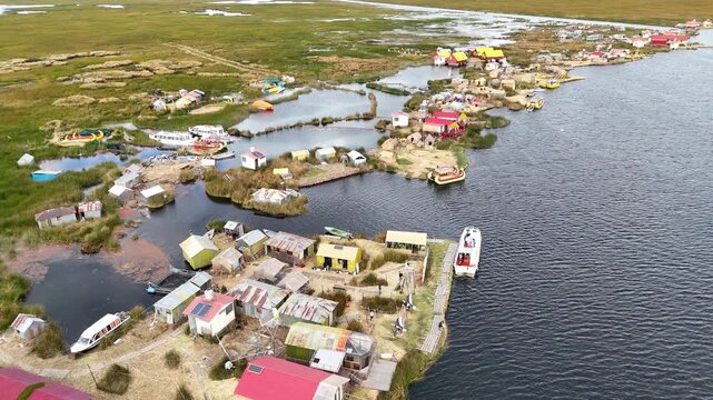 Overhead drone footage capturing the intricate layout of the Uros floating islands made of totora reeds in Peru.