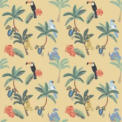 Seamless pattern with tropical elements including palm trees, toucans, parrots, monkeys, snakes, and hibiscus flowers in a handdrawn style on a light yellow background © Creativezone