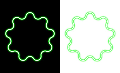 Two glowing green neon sunburst frames on split black and transparent backgrounds © Amena