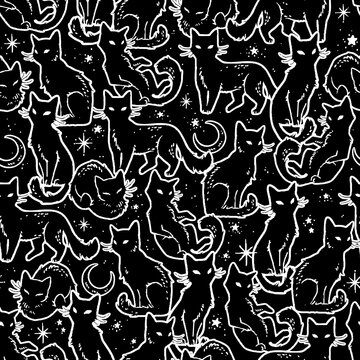 Seamless pattern with mystical black cats, crescent moons and stars on a dark background