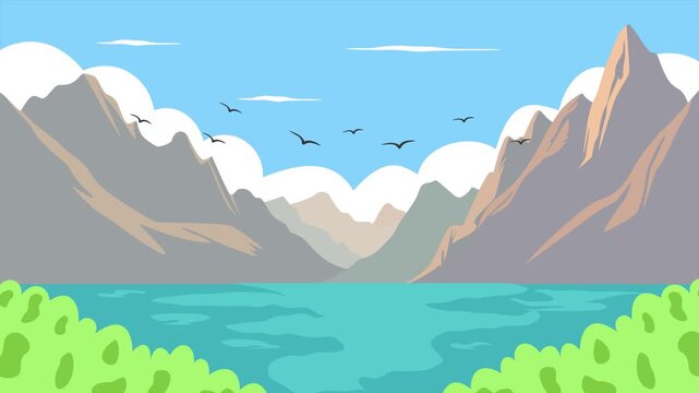 Mountain landscape with peaceful blue lake. Nature concept. Full length Icon animation illustration. High quality&nbsp;4k&nbsp;footage