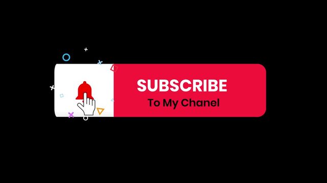 Animated red subscribe button with bell notification icon and hand cursor on black background, social media call to action for video channels, digital marketing and engagement