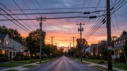 Fototapeta premium Suburban street at sunset, sky with orange and purple hues, power lines overhead.