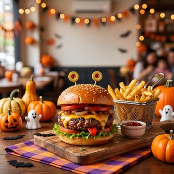 Halloween fast food social media post with cute monster cheeseburger sesame bun french fries mini pumpkins and blurred cafe interior background