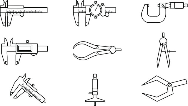 Precision Measuring Tool Icon Set with Vernier Calipers, Micrometer, Divider, Compass, Pliers and Engineering Instruments for Industrial Measurement