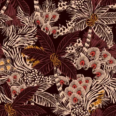 Tropical jungle seamless pattern with palm trees and exotic flowers in dark brown and cream colors, botanical handdrawn illustration for wallpaper, textile, and fabric design © Creativezone