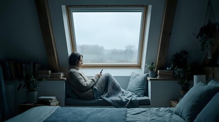 Obraz premium Woman sitting on window seat with laptop, relaxing by large window