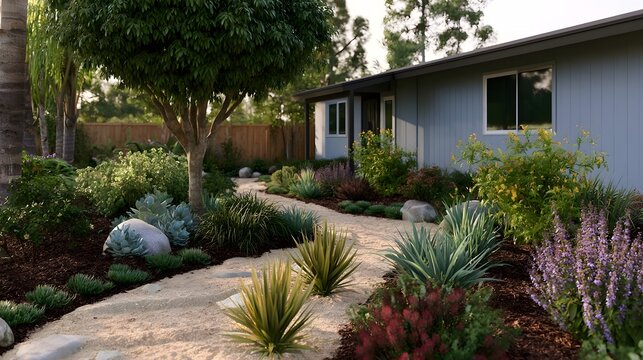 A serene xeriscape garden with winding stone path  drought tolerant plants  and a modern blue house under soft daylight
