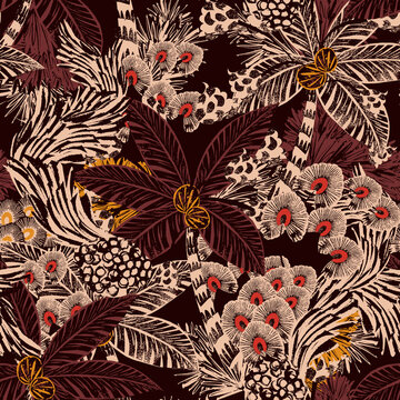 Tropical jungle seamless pattern with palm trees and exotic flowers in dark brown and cream colors, botanical handdrawn illustration for wallpaper, textile, and fabric design