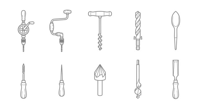 Drilling tools vector icon set. hand drill, auger, and woodworking instruments collection.