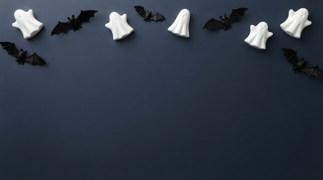 Small white ghosts and black bats arranged as a top border on a dark grey halloween background