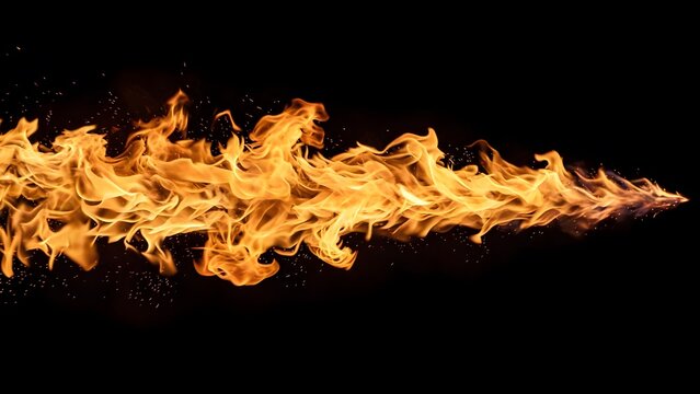 A vibrant stream of orange and yellow flames stretches across a black background