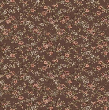 Vintage floral seamless pattern with small roses and wildflowers on a dark brown background, classic botanical textile print design