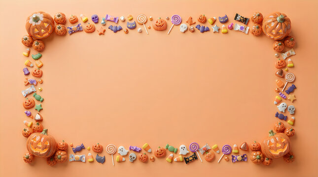 Decorative frame made of colorful candies and sweets on a solid light brown background surface