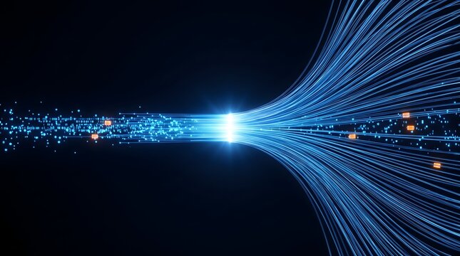 Digital binary data particles transforming into glowing blue fiber optic light streams illustrating high speed network communication