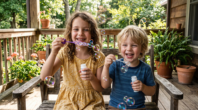Joyful siblings blowing bubbles on a sunny porch
