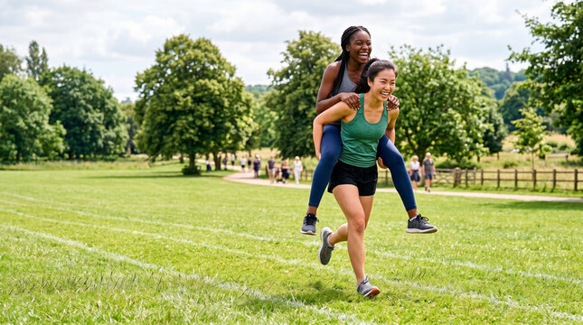 Two happy women friends enjoying a piggyback ride in a sunny park